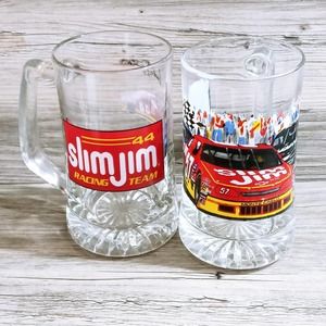 Vintage Slim Jim Racing Team 1993 & 1997 Glass Beer Mug Set of 2 Big Heavy